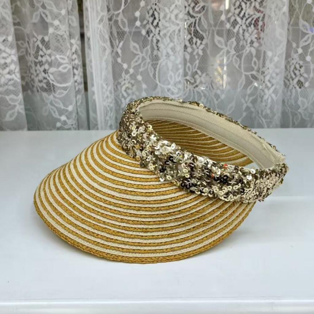 Light Luxury High-end Raffia Empty Top Straw Hat Women's Summer Sunshade Cap Sun Protection Big Edge Sun Hat Sequined Hat