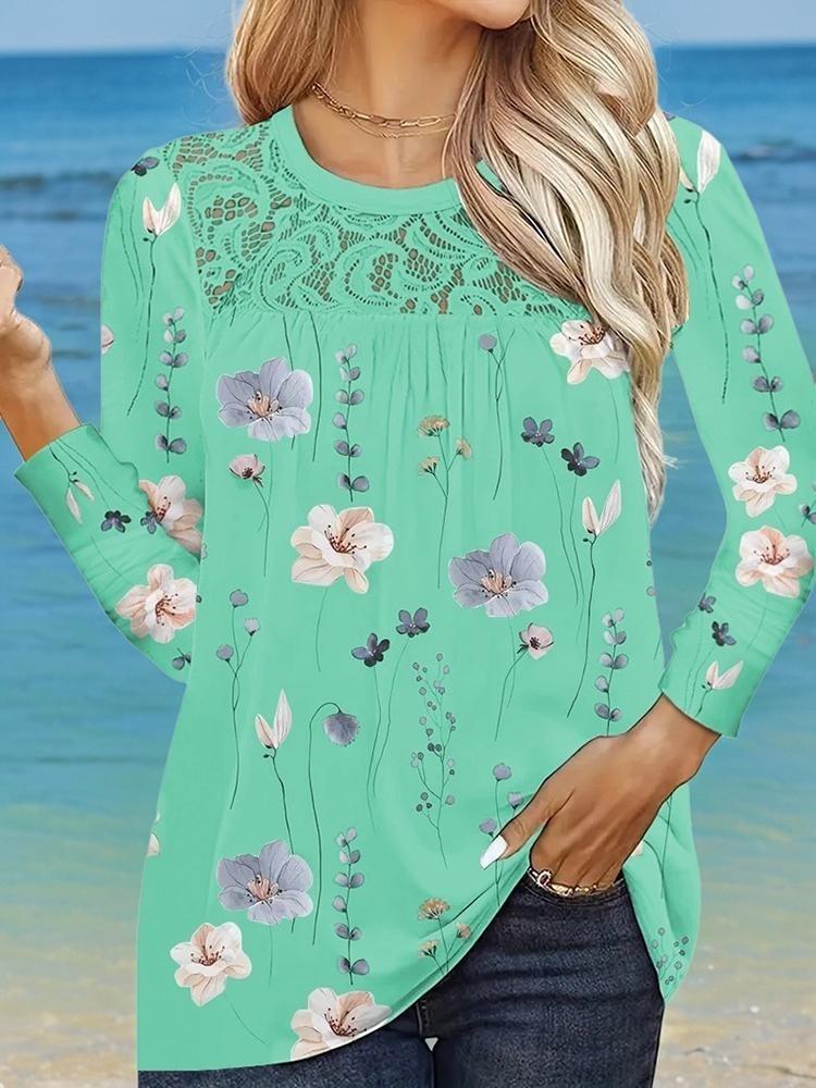Fashion Autumn Plus Size Women Lace Floral Print Long Sleeve Round Neck Casual Pullover T Shirt Top