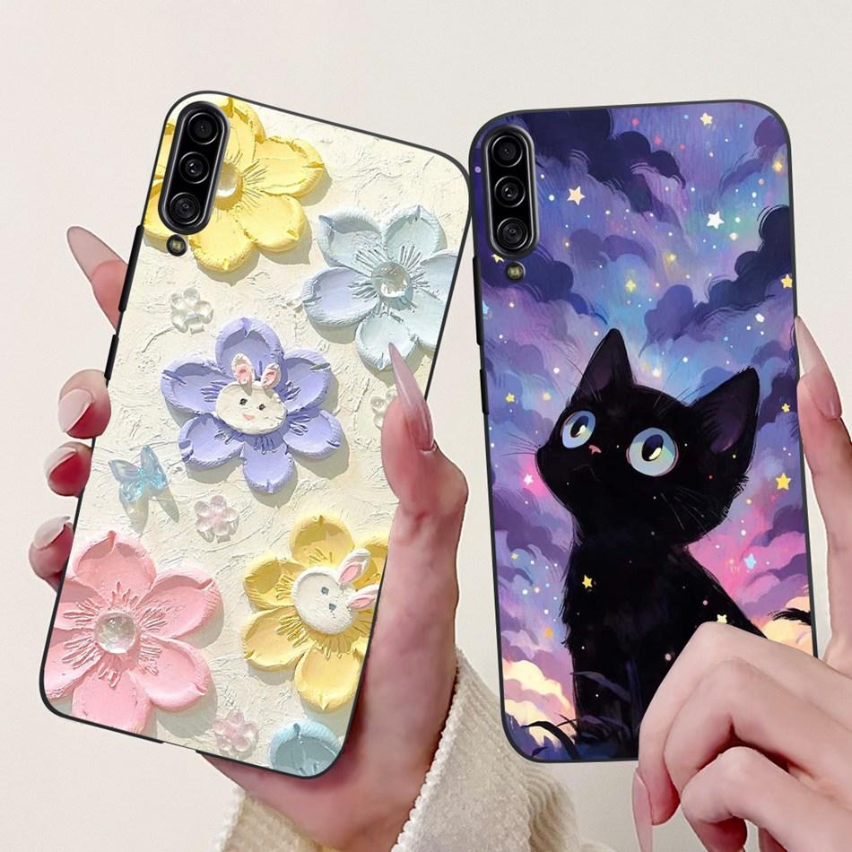 For Samsung Galaxy A90 5G Phone Case For Samsung A90 5G SM-A908B Elegant Floral Cat Painted Black Silicone Soft TPU Cases