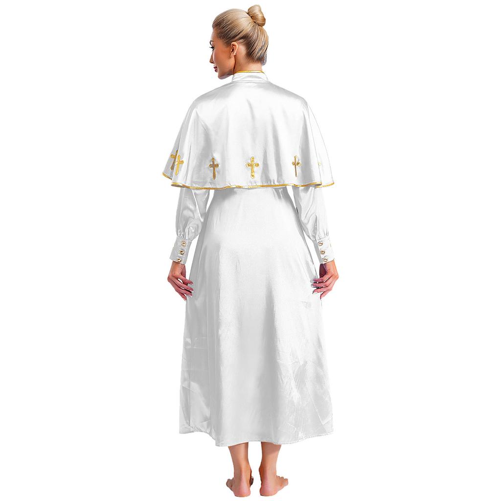 Womens Metallic Trim Church Choir Robe Stand Collar Long Sleeve Button Loose Dress