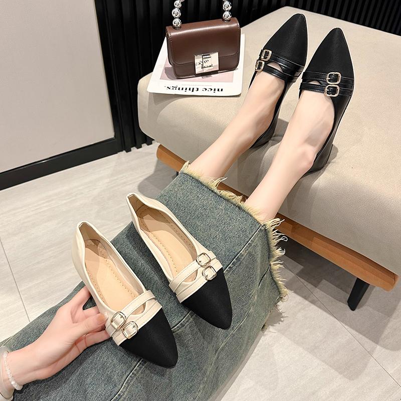Fashion 2024 Spring and Autumn Fashionable Buckle Design Shallow Mouth Low-top Shoes Pointed Toe Elegant Women's Metal Decorated Shoes