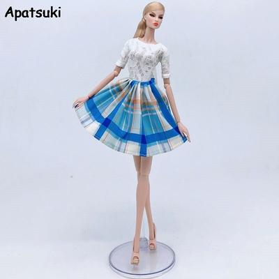 White Lace Top Blue Plaided Skirt Fashion Doll Dress For Barbie Doll Clothes Outfits Party Gown 1/6 Doll Accessories