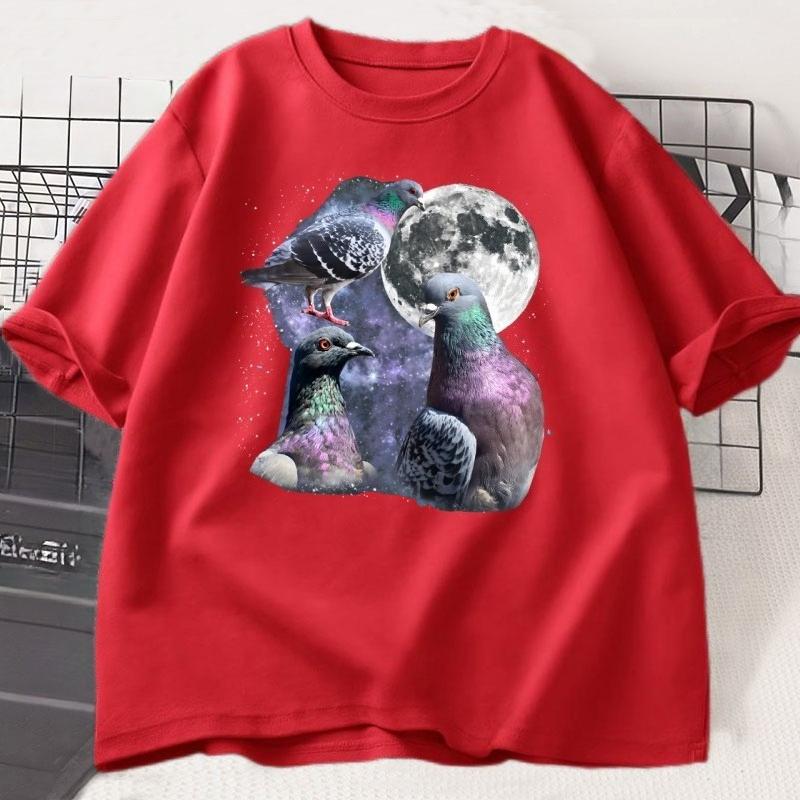 Tre T-shirt Grafiche Retrò con Piccioni T-shirt Piccione Luna Maglietta Uccello Oversize Unisex Donna Cotone Stampato Manica Corta Abbigliamento Top
