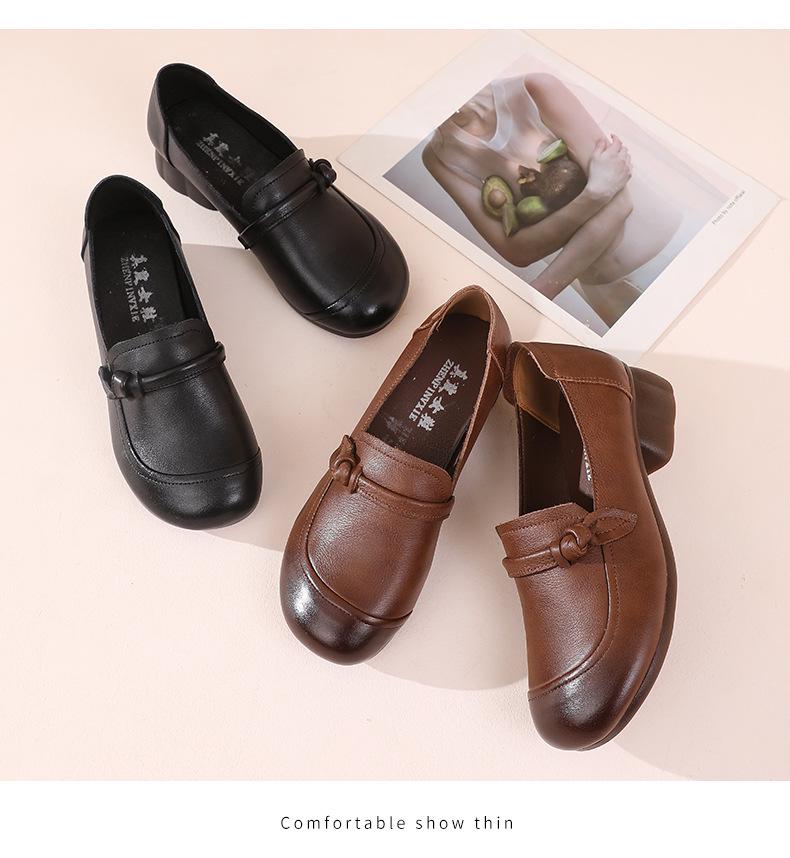 Women's Retro Low Heel Cowhide Shoes: Comfortable, Versatile, Non-Slip Soft Sole, Ideal for Commuting.
