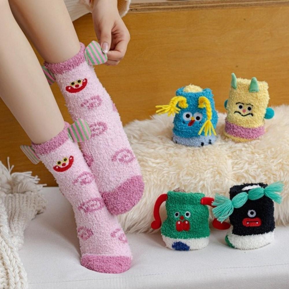 1pair Thickened Plush Coral Fleece Socks 3D Cartoon Thicken Floor Socks For Women