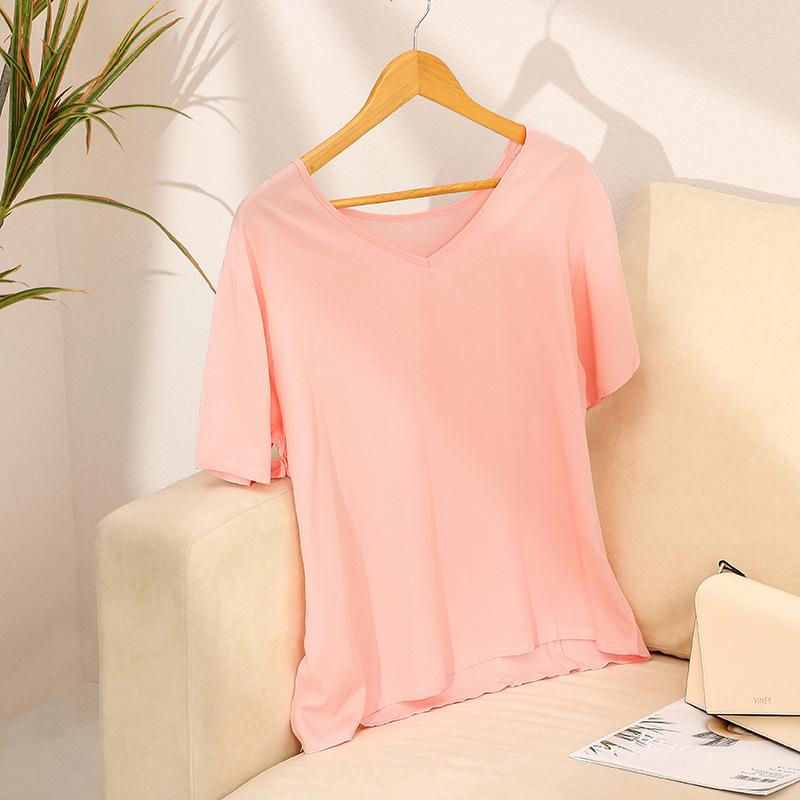 Sommer Damen Baumwolle und Seide Kurzarm T-Shirt Einfarbig V-Ausschnitt Locker und Bequem Lässige Baumwolle Kühle Loungewear Pyjama
