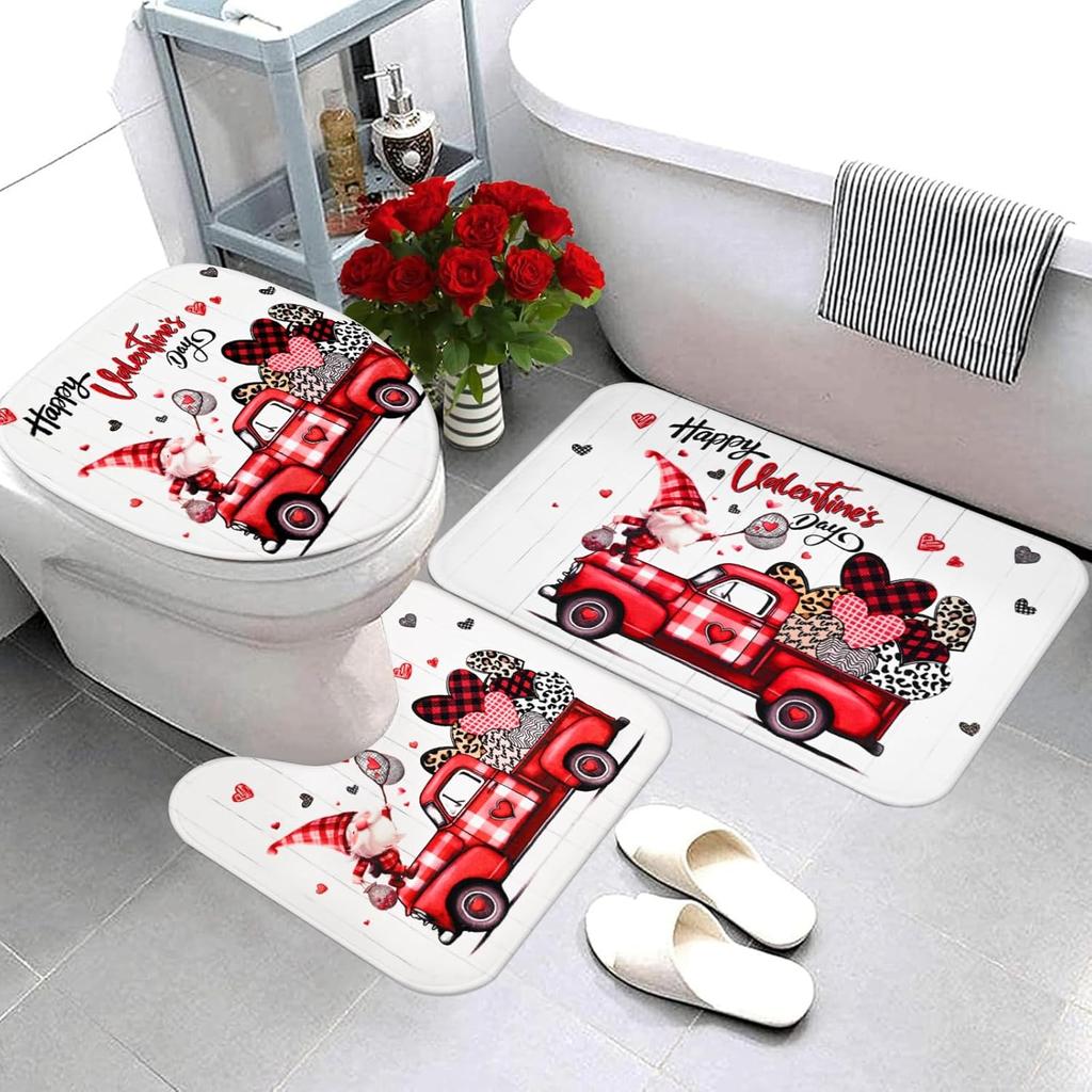Likiyol Valentines Day Shower Curtain Sets with Rugs, Red Truck Gnome Valentines Bathroom Sets with Shower Curtain and Rugs, Buffalo Plaid Love Heart