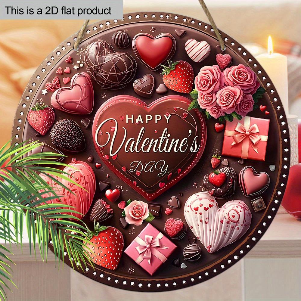 Happy Valentine's Day Chocolate Heart Wooden Sign, Round Front Door Decor, Sweet Treats & Roses Wall Hanging - Ideal Romantic Gift