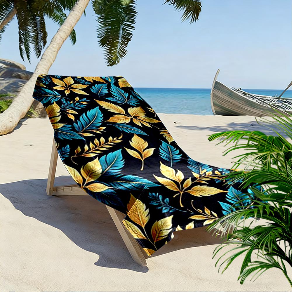 Golden and Blue Leaf Pattern Towel Beach towel quick-drying for travel outdoor sports jogging beach and swimming