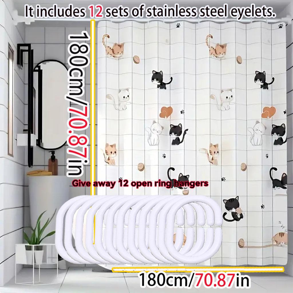 Simple Cartoon Naughty Cat Shower Curtain Bathroom Shower Curtain Easy To Clean And Scrub Peva Waterproof Material Light Opaque