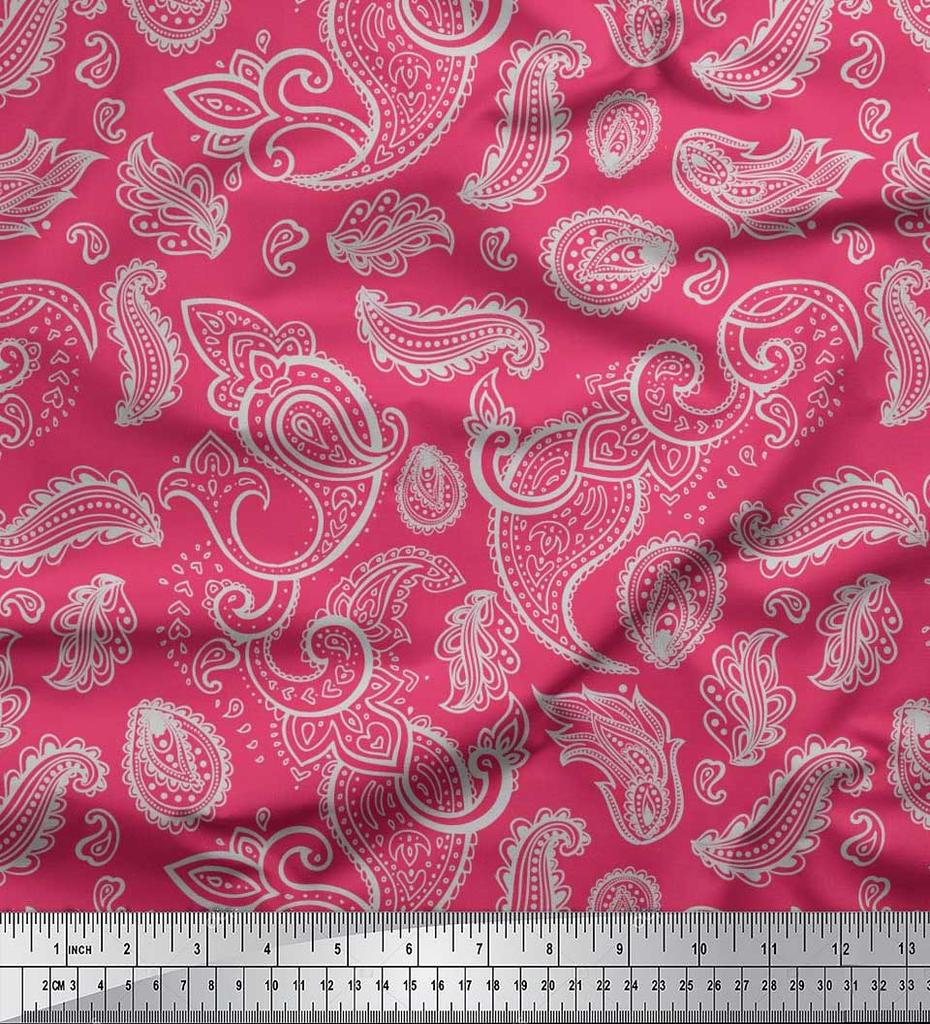 Soimoi Japan Crepe Satin Fabric Paisley Block Printed Fabric 1 Metre 42 Inch