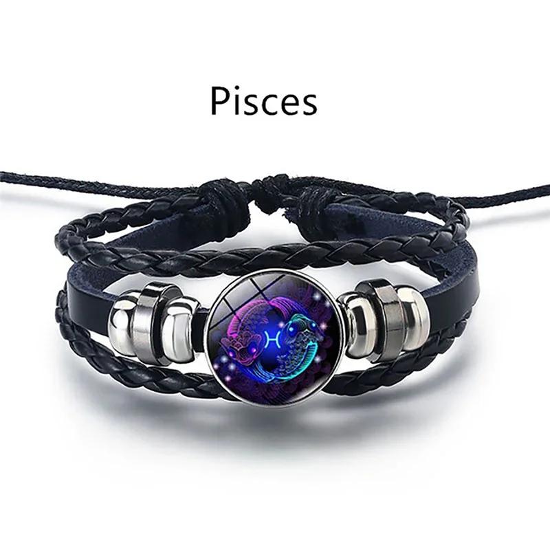12 Constellation Luminous Bracelet Men Women Couple Multi-Layer Handmade Woven PU Rope Charm Bracelet Wristband Jewelry Gifts