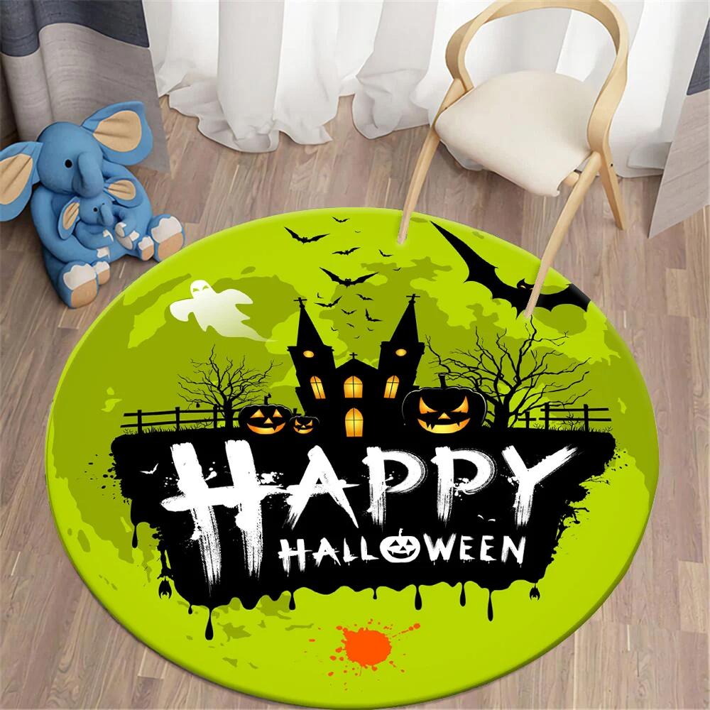 Halloween Round Carpet Magic Pumpkin Demon Bat Graphic Print Rug For Living Room Table Chair Decor Non-slip Circle Floor Mats