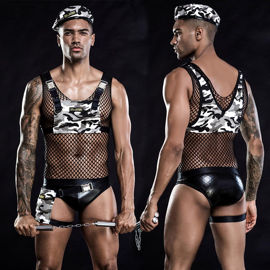 JSY Sexy Army Uniform Cosplay Lingerie Men Underwear Bodysuit Nightwear Erotic Lingerie Porno Costumes Sexy Role Play Outfit