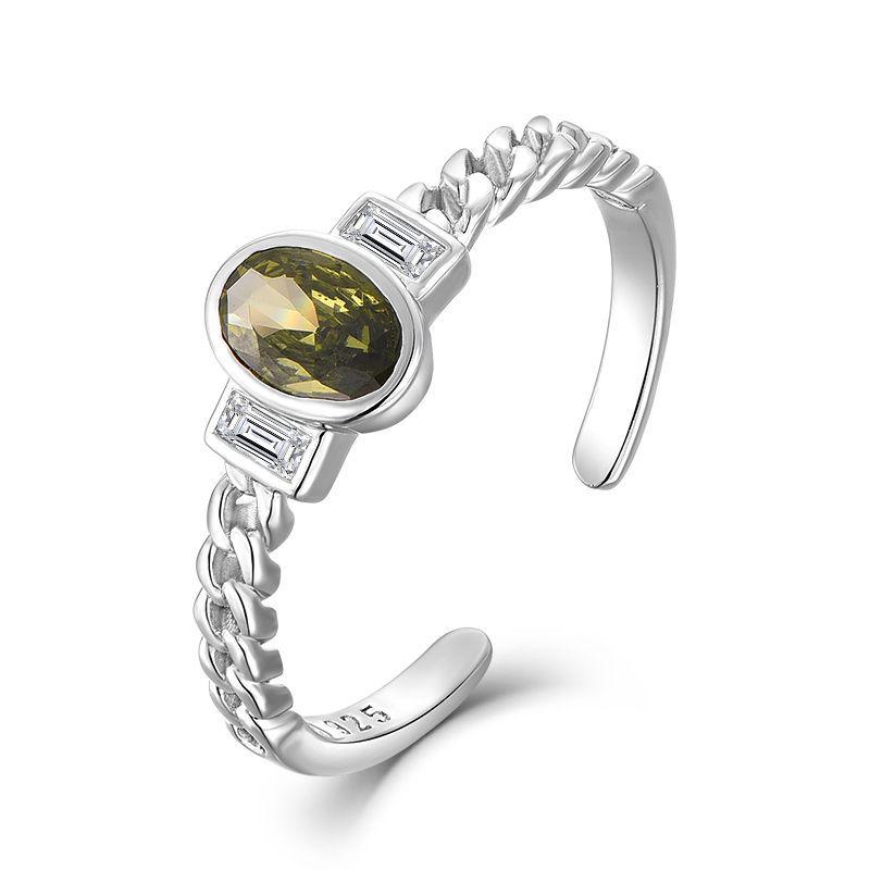 Olive Zircon S925 Sterling Silver Open Ring - Trendy Adjustable Jewelry for Women Size 14 Adjustable Ring