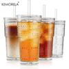 600ML Glasbecher mit Noppenmuster, 4 Stück, mit Deckeln und Glasstrohhalmen, dickwandige Glasbecher für Eiskaffee, Smoothies, Milch, Wasser, Saft