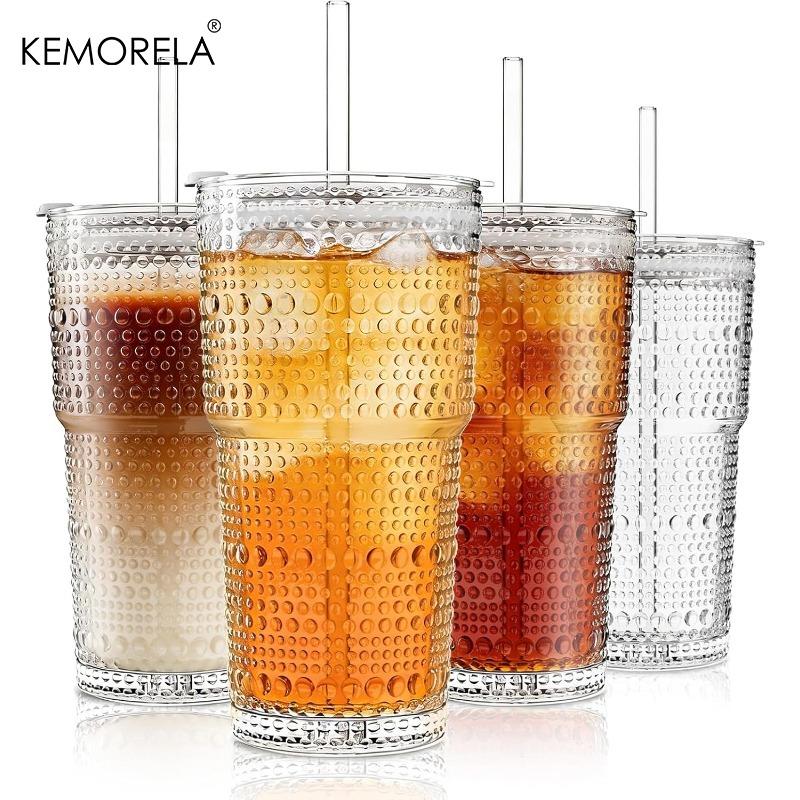 

600ML Hobnail Glass Cups with Lids and Glass Straws 4PCS Thick-Walled Glass Tumblers for Iced Coffee Smoothies Milk Water Juice 600ML