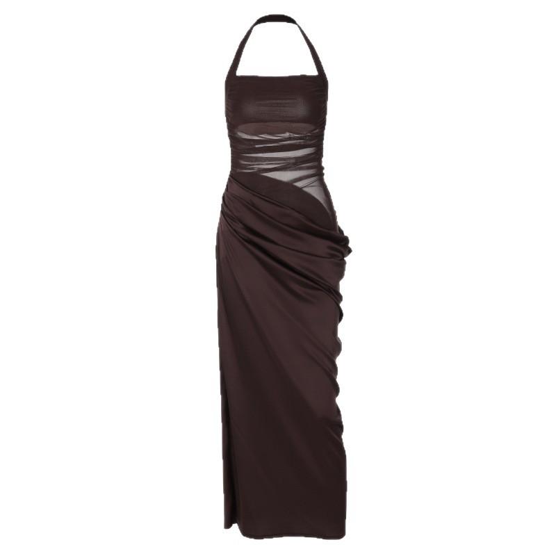 European and American sexy style splicing dress slim-fitting backless solid color waist hanging neck temperament long dress women's clothing