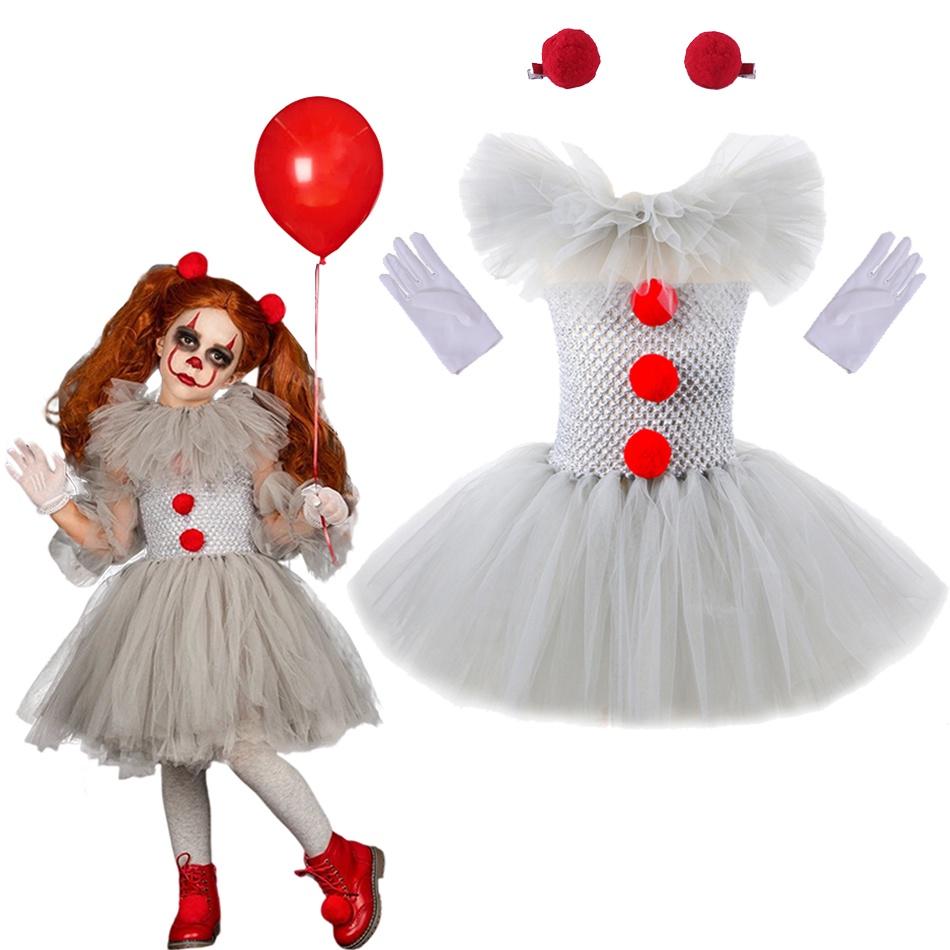 Girls Dress Clown Mesh Princess Set Children Halloween Party Show Costume Gift