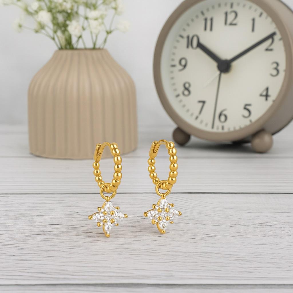 Beaded Star Drop Hoop Earrings - 925 Sterling Silver Gold Plated