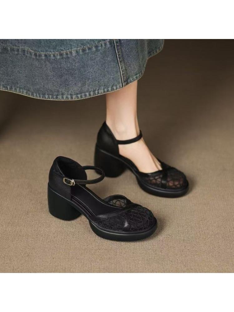 Fashion Versatile Summer Genuine Leather Sandals for Women, Thick Heels, Thick Soles, and Headwear To Increase Heels