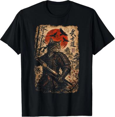 Samurai Cat Warrior Vintage Japanese Anime Men T-Shirt
