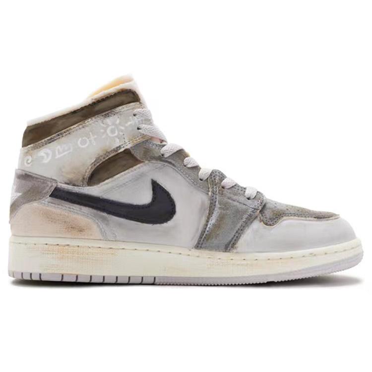 Jordan Air Jordan 1 Mid Cushioning Slip Resistant Abrasion Resistant High top Basketball Shoes Men's Gray White Brown DM9652-100(Teamr-)