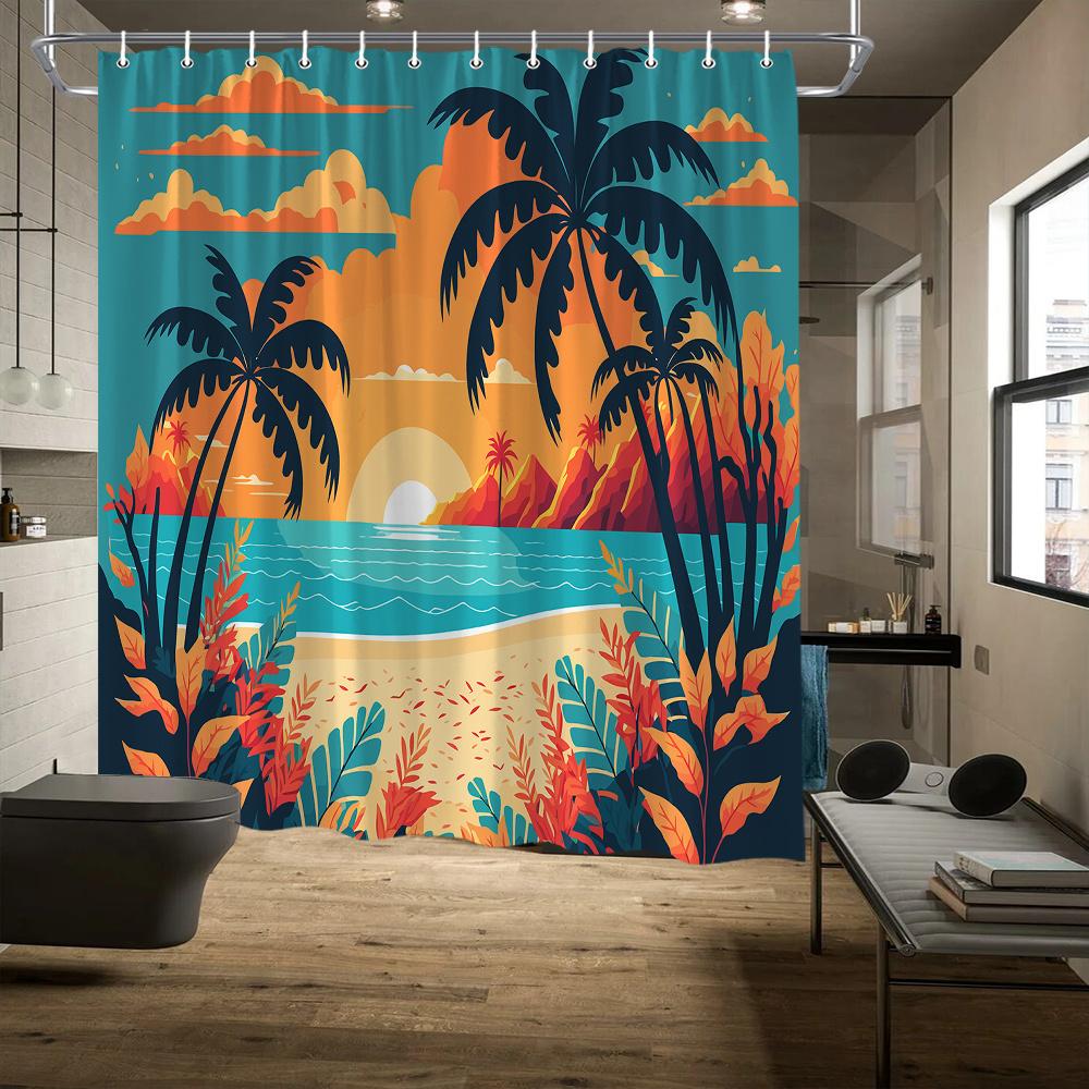 Tropical Beach Sunset Shower Curtain, Palm Tree & Ocean Print, Retro Cartoon Style, Polyester,All-Season Bath Decor