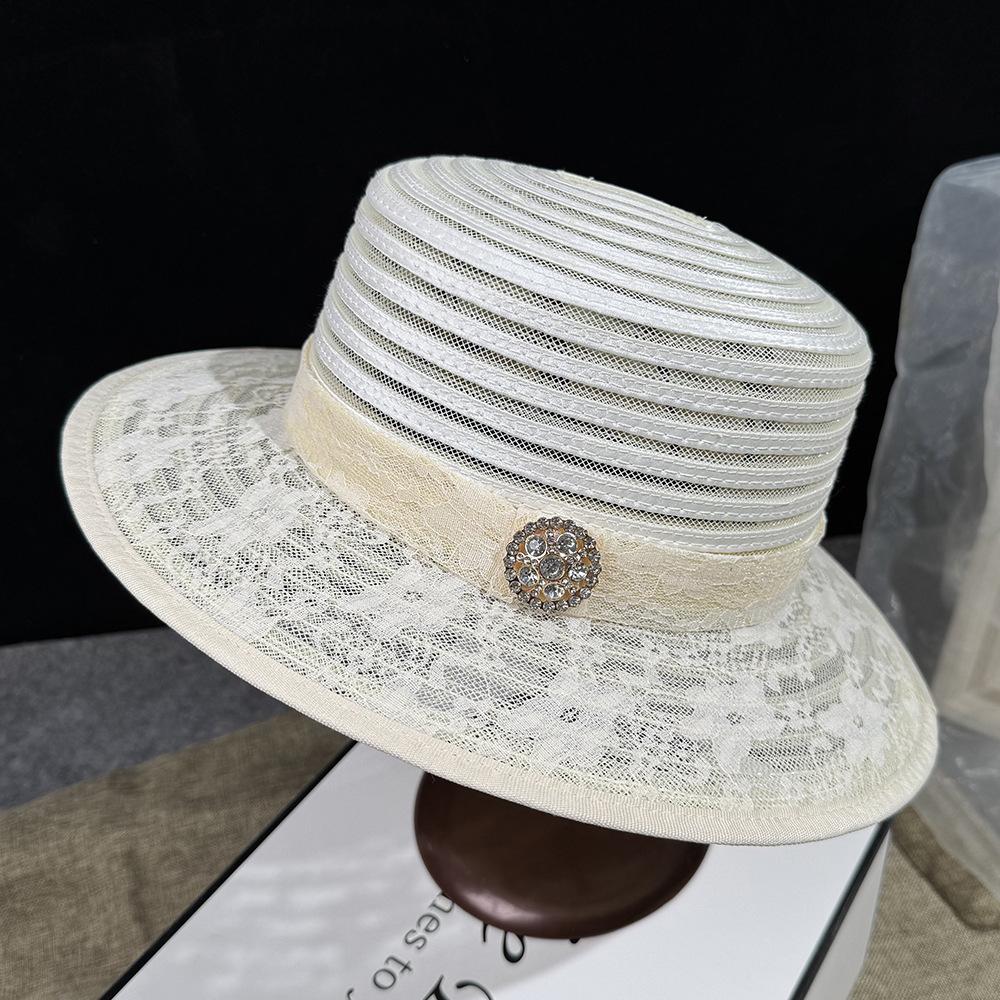 Fashion spring and summer new lace rhinestone webbing decorative mesh gauze hat outdoor travel temperament elegant breathable sun hat