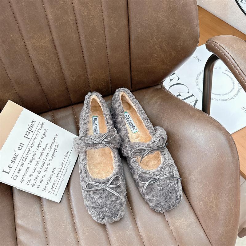 2025 New Round Head Bow with Velvet Soft-soled Ballet with Skirt Women's Single Shoes