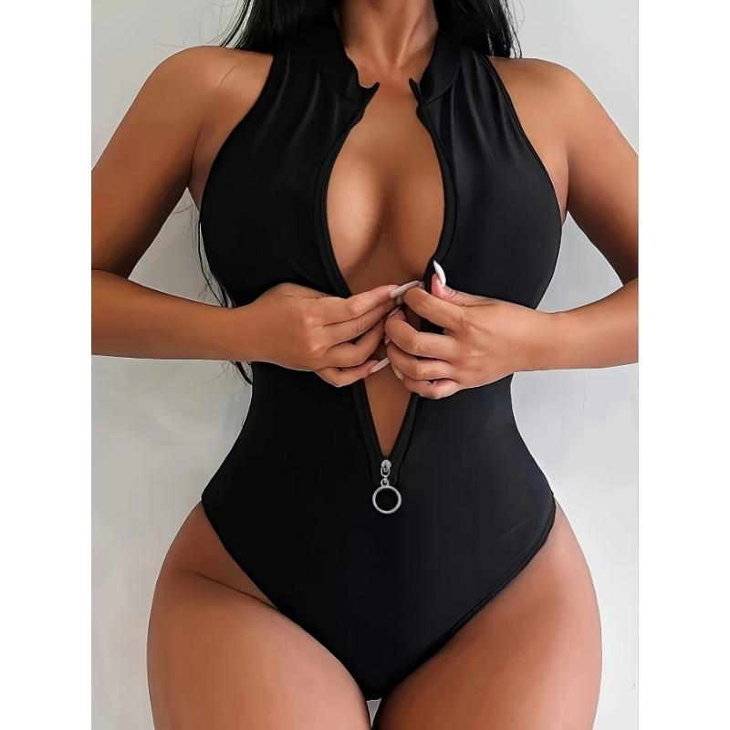 

Women s Black Front Zipper Sleeveless One-Piece Swimsuit S