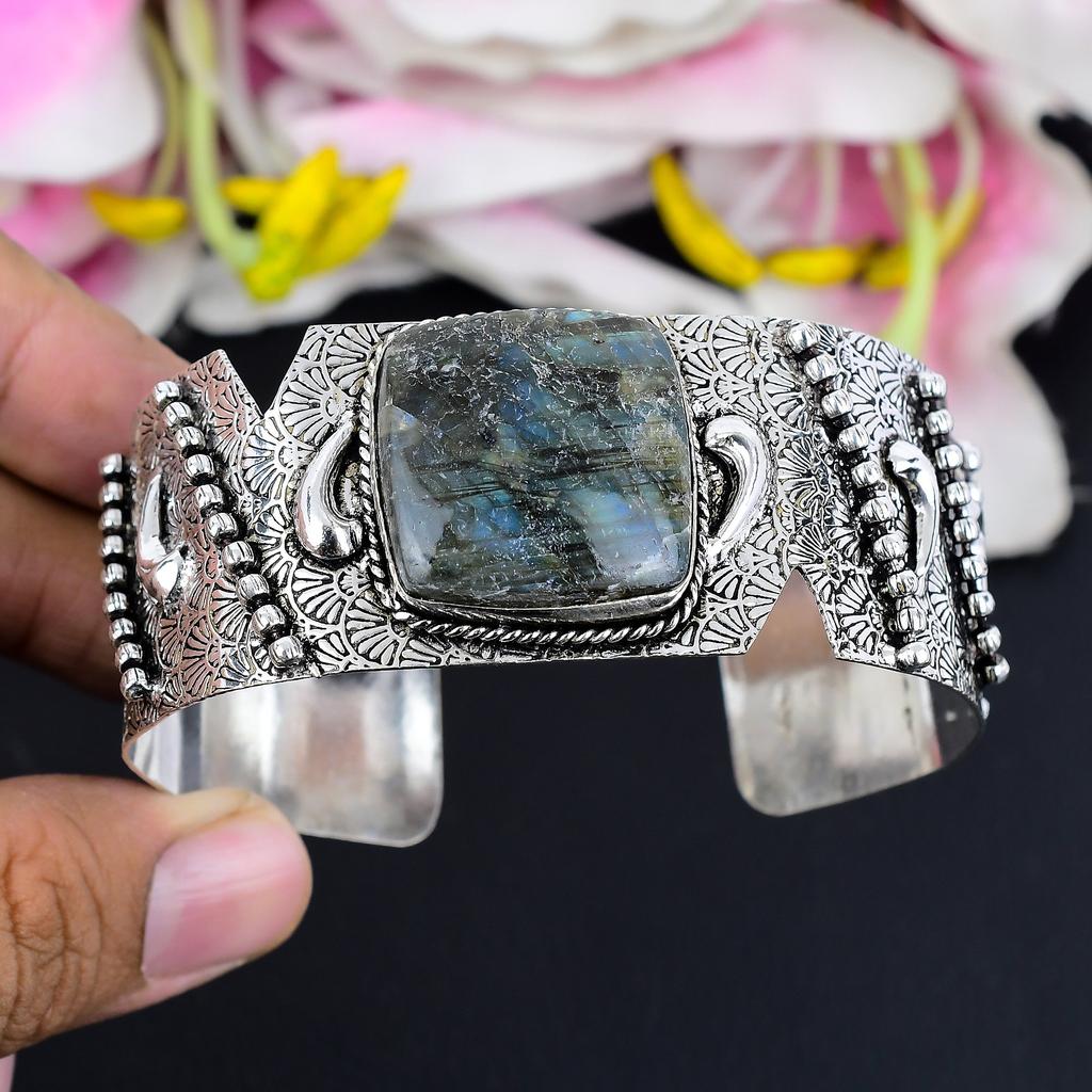 Labradorite Gemstone Handmade 925 Sterling Silver Cuff Bangle Adjustable KG-1869