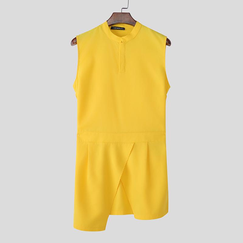 INCERUN Men Summer Buttons Stand Collar Sleeveless Cutout Casual Irregular Splits Tank Tops