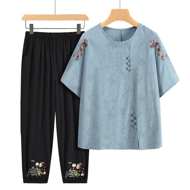 

Літній костюм Бавовна та Льон З коротким рукавом Мати Бавовняна футболка Великі розміри Одяг 5XL синій