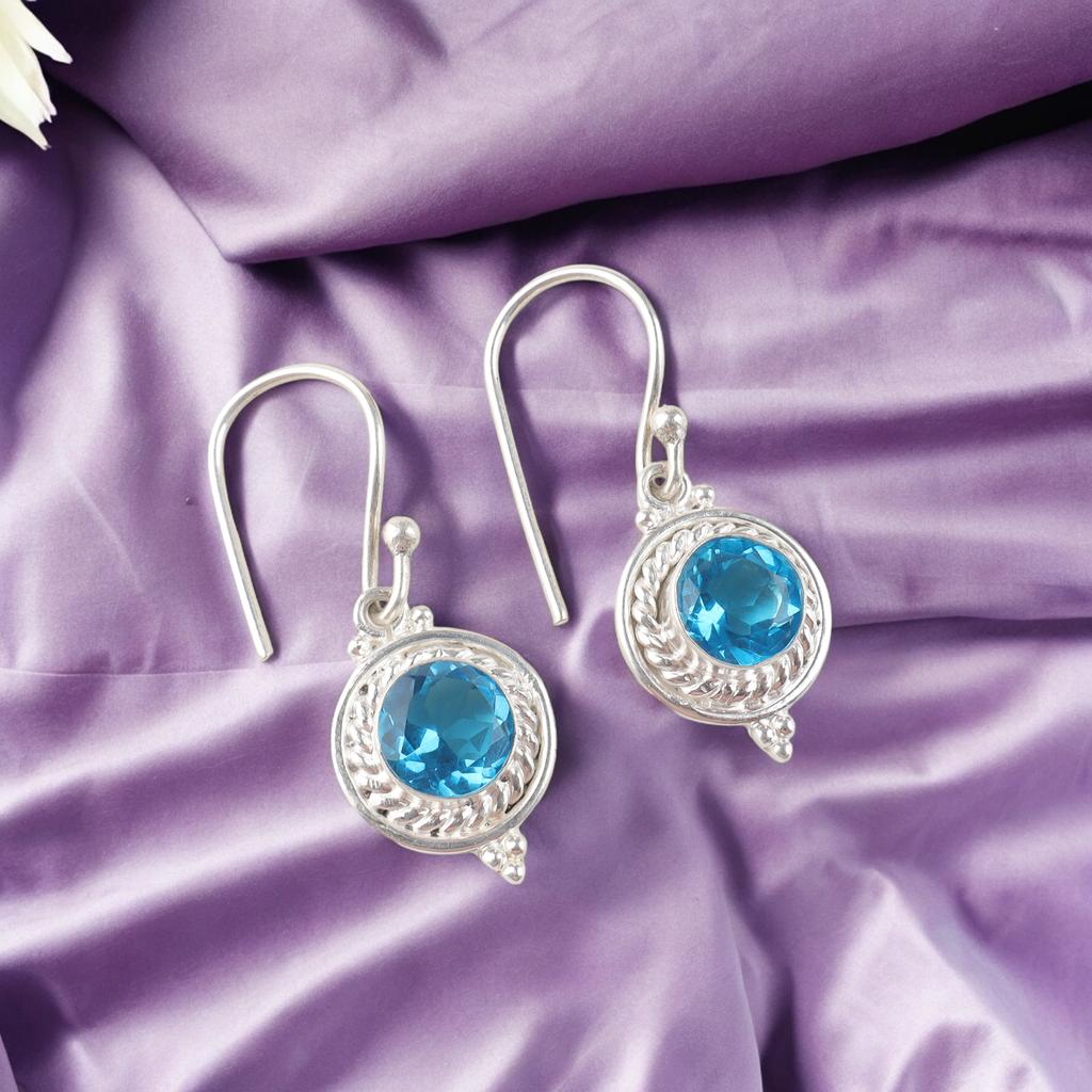 Swiss Blue Topaz Gemstone 925 Sterling Silver Jewelry Handcrafted Earrings 1.43" EE-117-15