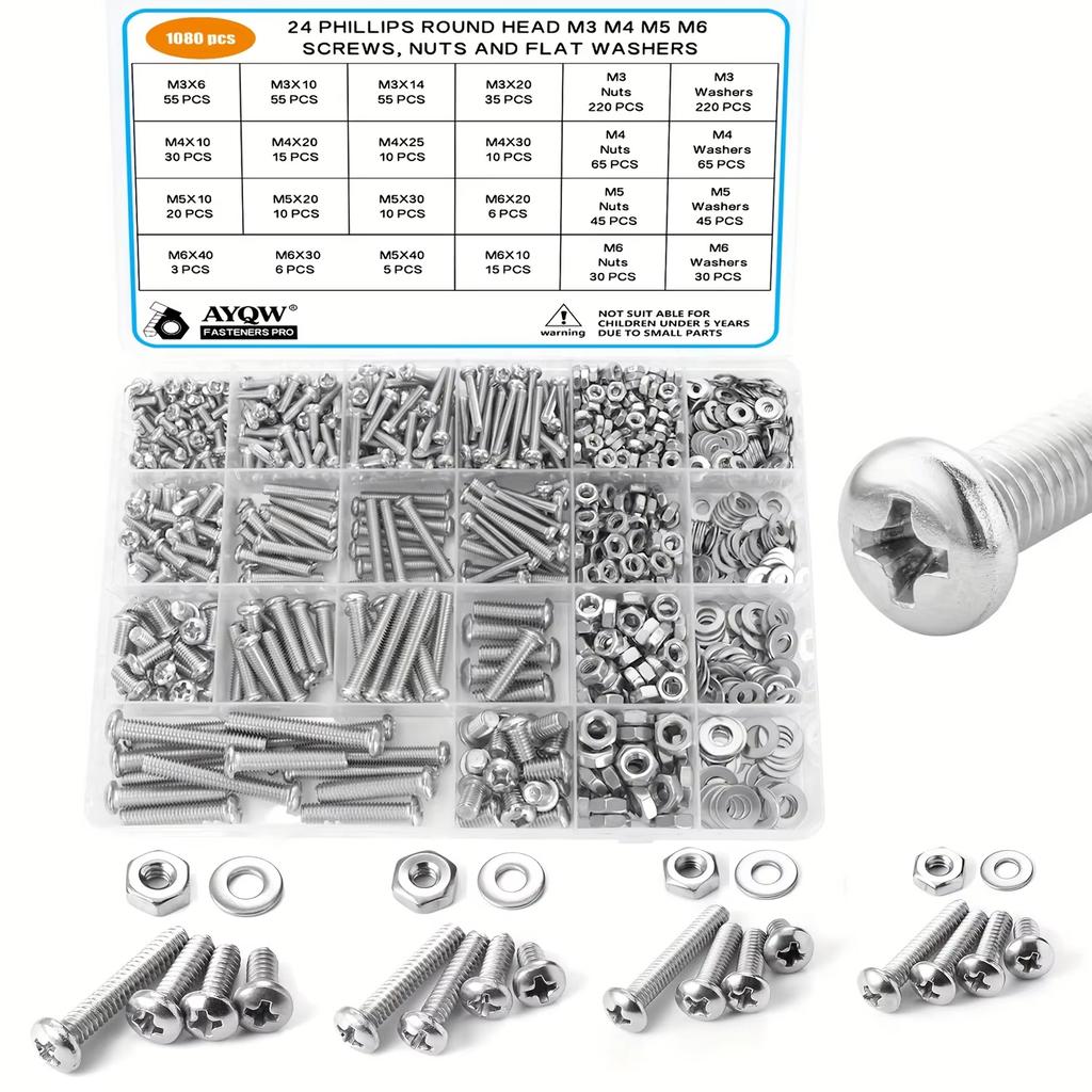 1080pcs Screws Bolts and Nuts Assortment Kit, Metric Machine Screws and Nuts and Flat Washers, M3/M4/M5/M6