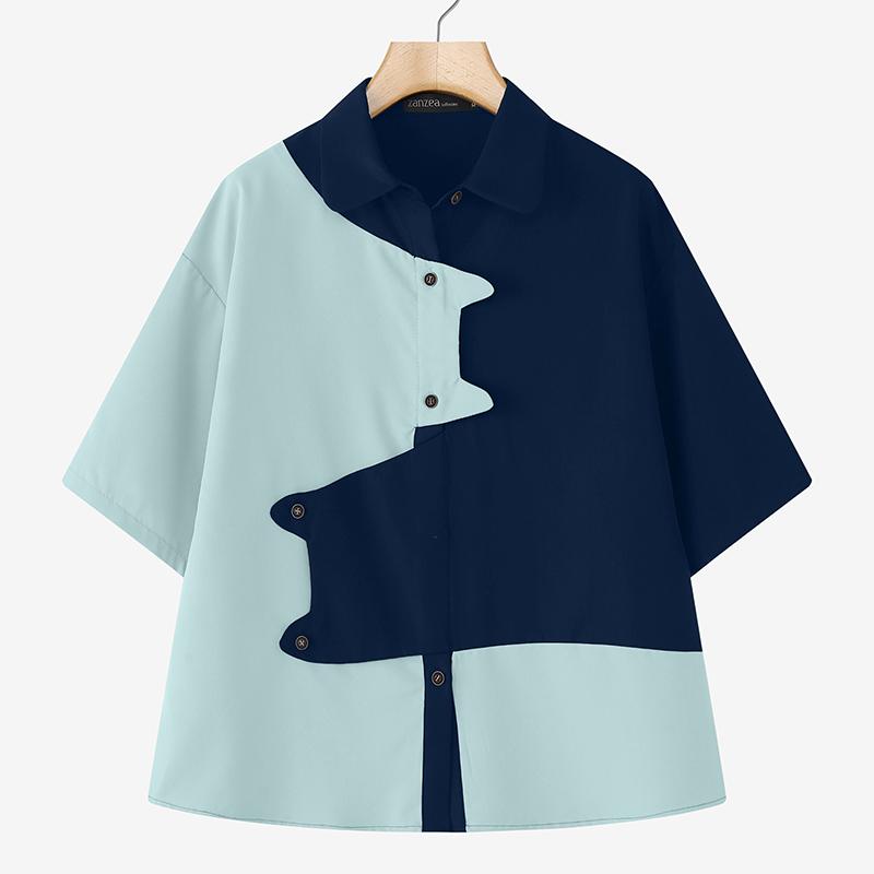 ZANZEA Women Casual Turn Down Collar Loose Short Sleeve Blouse