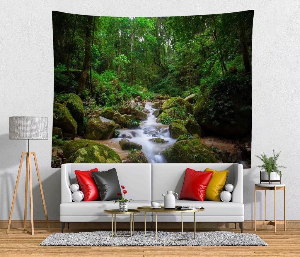 Grüner Wald Wandteppich Kulisse Kleiner Wasserfall Wandteppich Naturlandschaft Fluss Bach Wandbehang Waldlandschaft Wandteppich