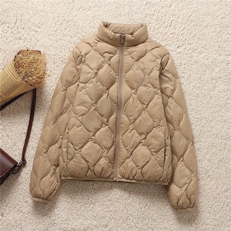 Thin and light hooded stand-up collar rhombus down jacket women's winter fashion warm white duck down casual top tide