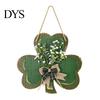Wooden Clover Hanging Decor St. Patrick's Day Door Sign with Hemp Rope, Rustic Double Layer Shamrock Green Artificial Floral Wreath Flowers and Fabric