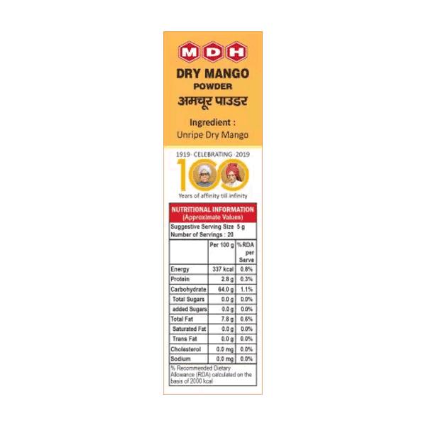 MDH Amchoor Powder 100 G Pouch For Tangy Flavor Spice Seasoning Enhances Curries Chutneys Soups Snacks
