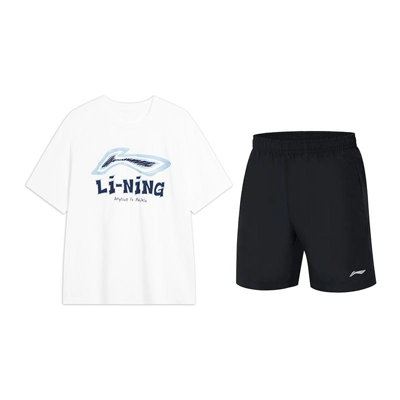 

Li-Ning Fashion Letter Comfortable Round Neck Short Sleeve Top Breathable Versatile Simple Five Point Shorts Casual Sports Suit AHSU711-2+YKST119-1 S
