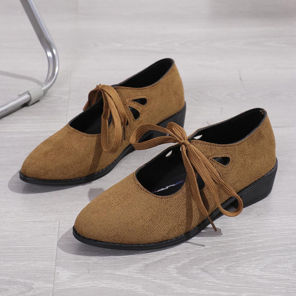 Fashion 2025 Vintage Lace Up Thick Heels Pumps Women Shoes 2025 Spring Pointed Toe Mary Jane Shoes Woman Plus Size Faux Suede Pumps