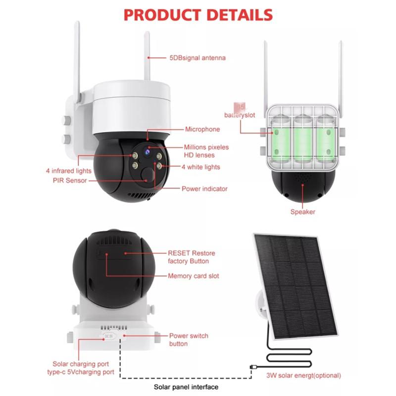 1080P 400/200W Outdoor-Sicherheits-Solarkamera 2MP Panorama-PTZ-Kamera Zwei-Wege-Audio PIR-Bewegungssensor Netcam
