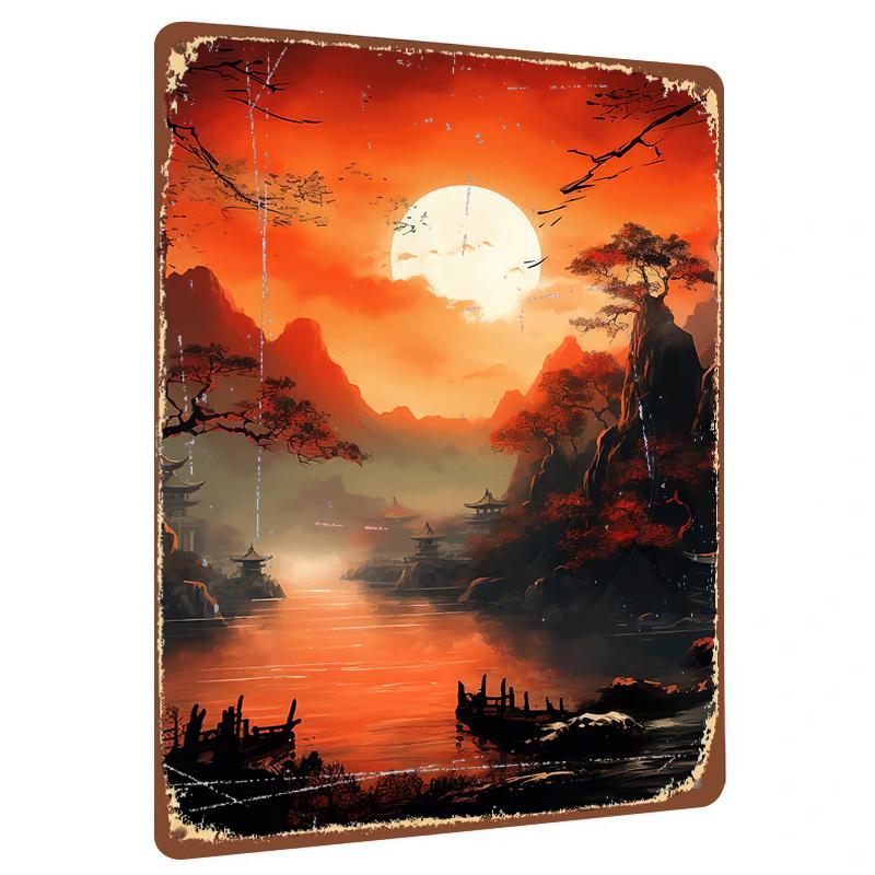 

Chinese Style Landscape Sunset Iron Painting Metal Wall Art Home Decor for Living Room Study 20x30cm（7.8x11.8inch）