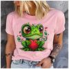 Unisex 100% Polyester Summer Top Cartoon heart-shaped frog Print Loose round Neck Short Sleeve Fashion for Lovers