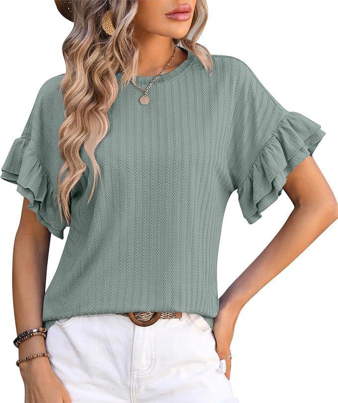Women's clothing European and American spring and summer new solid color round neck lotus leaf sleeve short sleeve T-shirt top