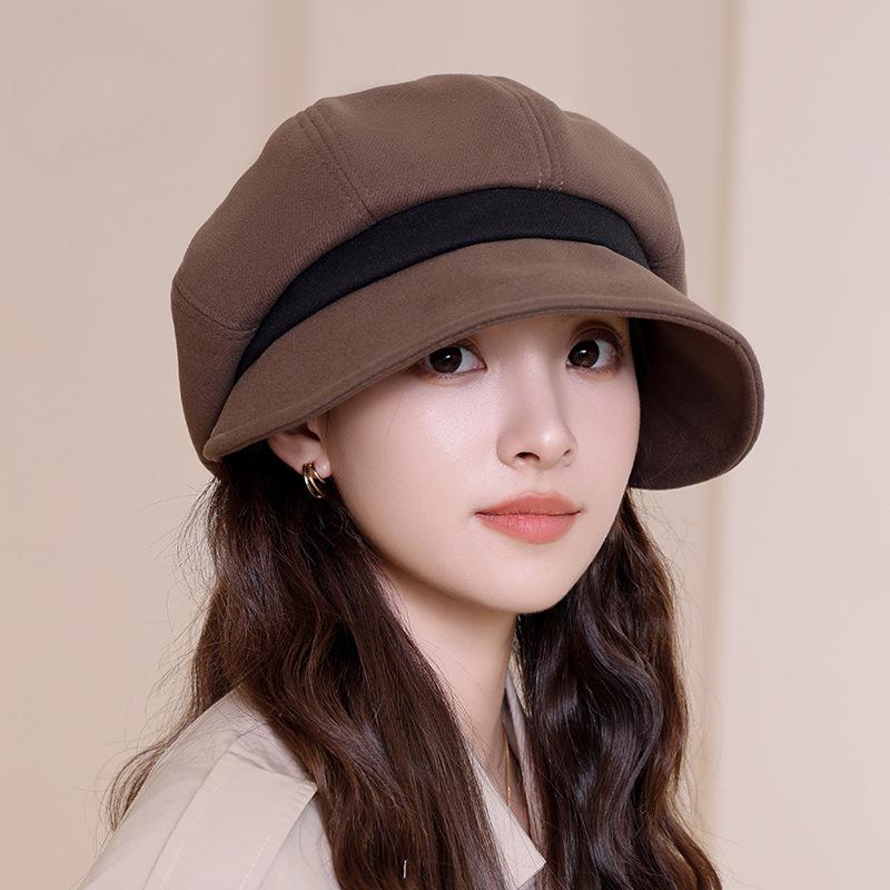 Polyester Beret for Women - Elastic Pleated Octagonal Cap with Short Brim, Packable Drawstring Beret