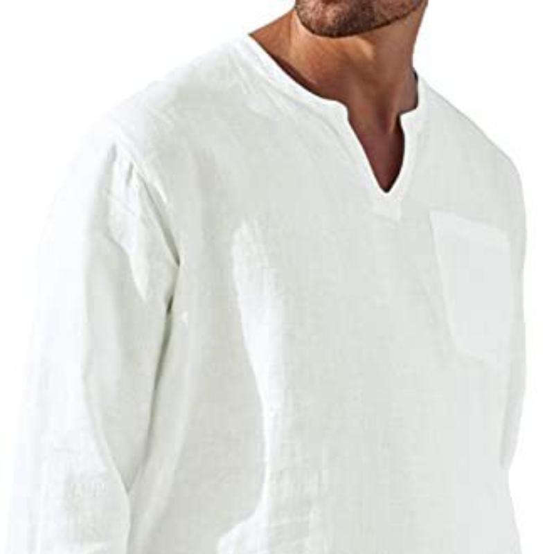 Fashion Men's Long Sleeve V-Neck Casual Beach Linen Shirt Men's Tops