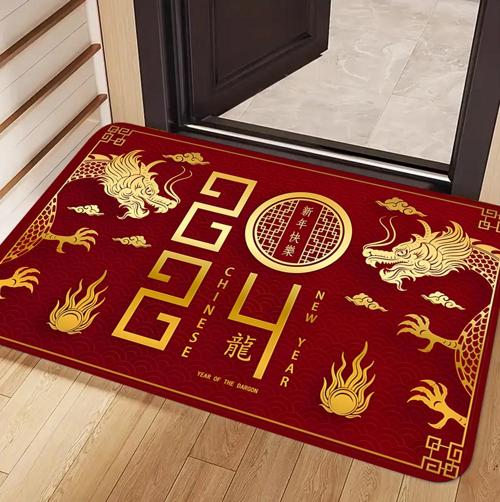 Red Chinese New Year Welcome Carpet Lucky Words for Decorating Door Mats Kitchen Bedroom Living Room Porch Entrance Non Slip Rug